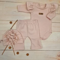 KAZUM 3cz piękny komplet body + spodnie dzwony + czapka 56-86 powder pink