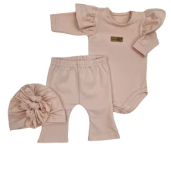 KAZUM 3cz piękny komplet body + spodnie dzwony + czapka 56-86 powder pink