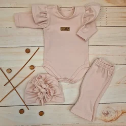 KAZUM 3cz piękny komplet body + spodnie dzwony + czapka 56-86 powder pink