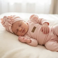 KAZUM 3cz piękny komplet body + spodnie dzwony + czapka 56-86 powder pink
