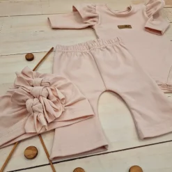 KAZUM 3cz piękny komplet body + spodnie dzwony + czapka 56-86 powder pink