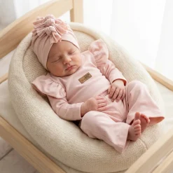 KAZUM 3cz piękny komplet body + spodnie dzwony + czapka 56-86 powder pink