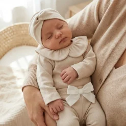 KAZUM 3 cz piękny komplet prążkowany body z kołnierzykiem+legginsy z kokardką 56-86 SAND CLOUD