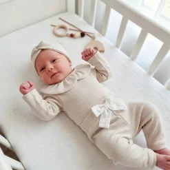 KAZUM 3 cz piękny komplet prążkowany body z kołnierzykiem+legginsy z kokardką 56-86 SAND CLOUD