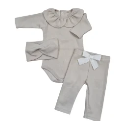 KAZUM 3 cz piękny komplet prążkowany body z kołnierzykiem+legginsy z kokardką 56-86 SAND CLOUD