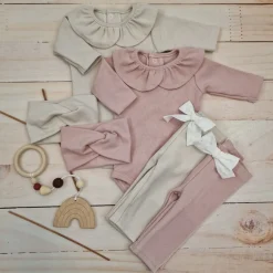 KAZUM 3 cz piękny komplet prążkowany body z kołnierzykiem+legginsy z kokardką 56-86 CORAL PINK