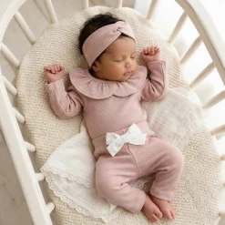 KAZUM 3 cz piękny komplet prążkowany body z kołnierzykiem+legginsy z kokardką 56-86 CORAL PINK