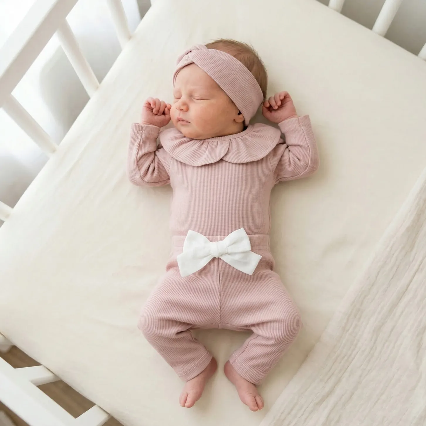 KAZUM 3 cz piękny komplet prążkowany body z kołnierzykiem+legginsy z kokardką 56-86 CORAL PINK