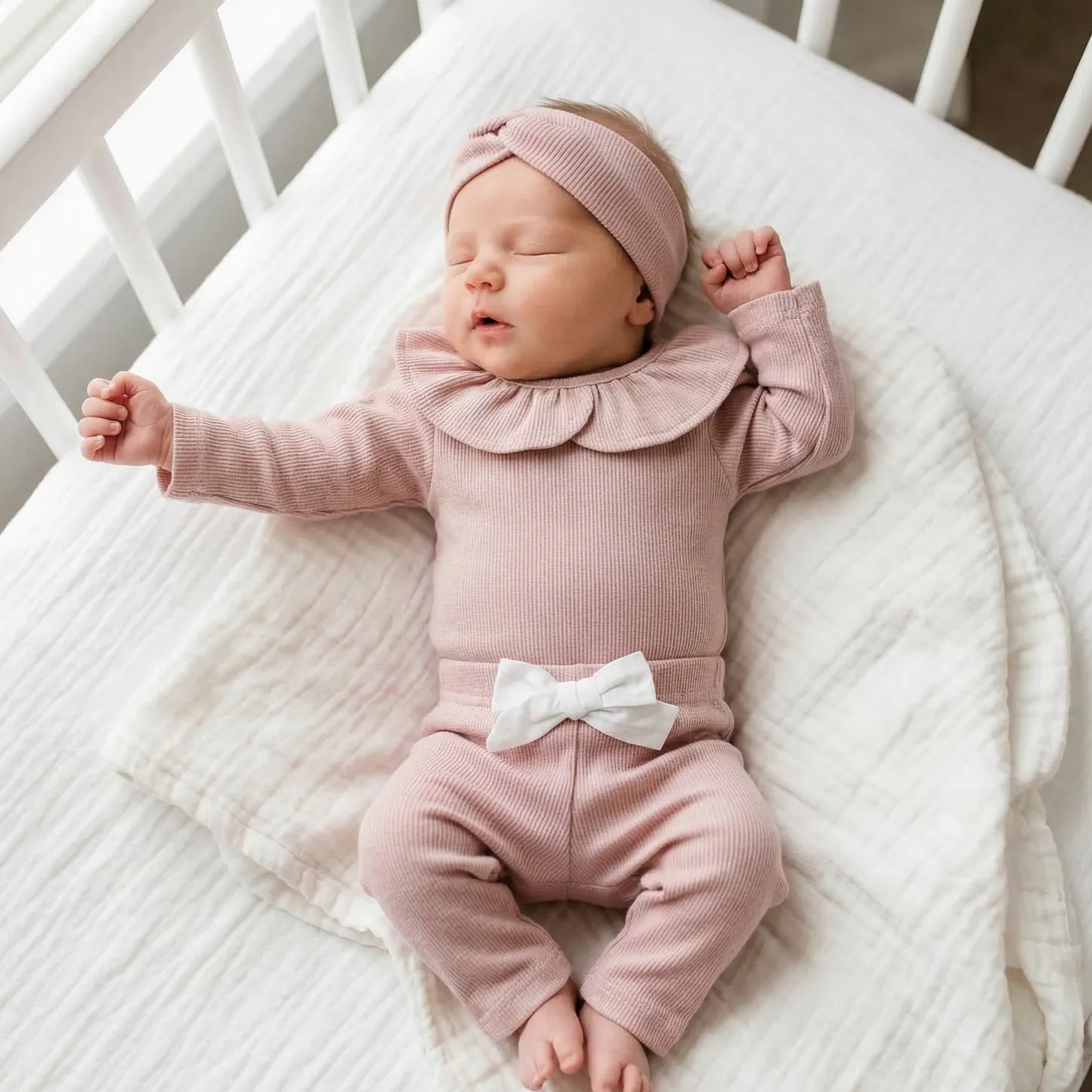 KAZUM 3 cz piękny komplet prążkowany body z kołnierzykiem+legginsy z kokardką 56-86 CORAL PINK