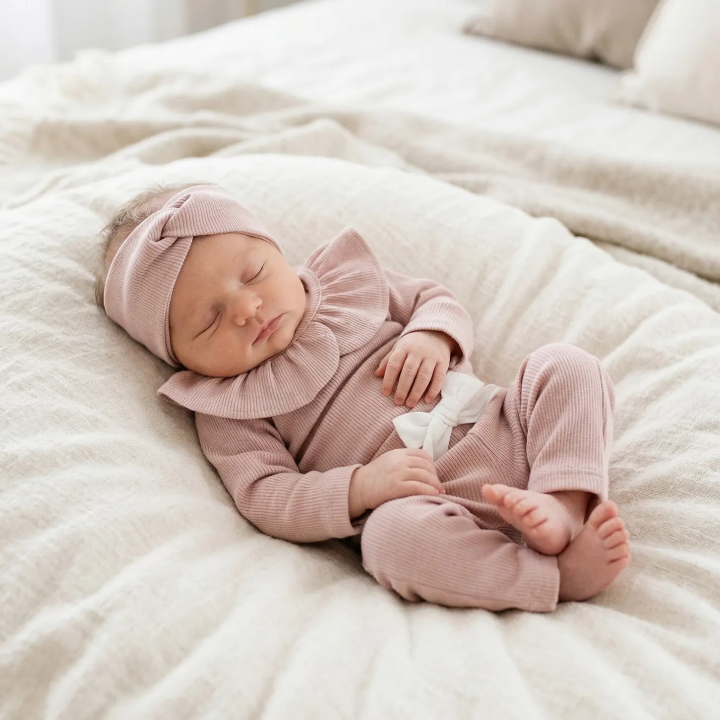 KAZUM 3 cz piękny komplet prążkowany body z kołnierzykiem+legginsy z kokardką 56-86 CORAL PINK