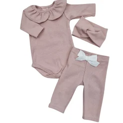 KAZUM 3 cz piękny komplet prążkowany body z kołnierzykiem+legginsy z kokardką 56-86 CORAL PINK