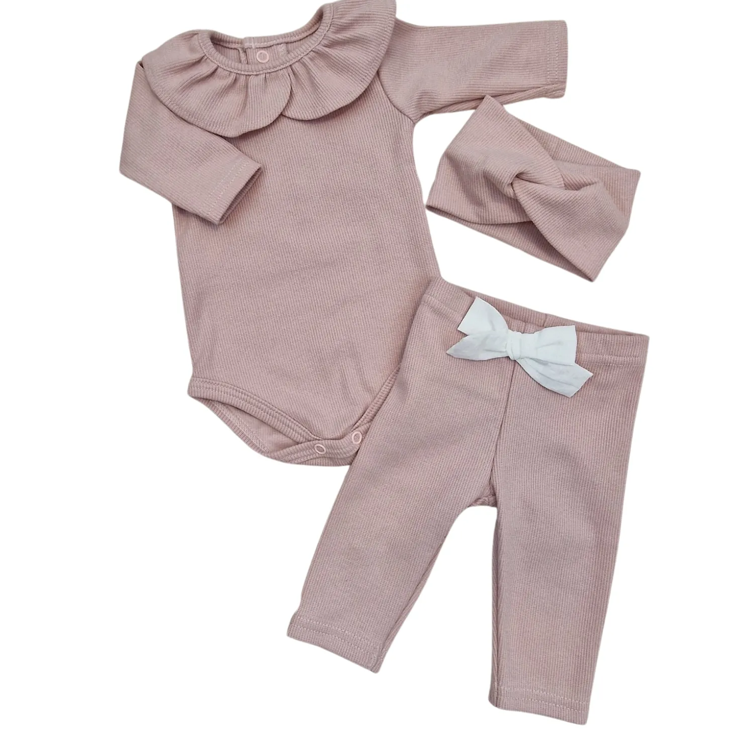 KAZUM 3 cz piękny komplet prążkowany body z kołnierzykiem+legginsy z kokardką 56-86 CORAL PINK