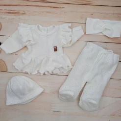 KAZUM 4cz włóczkowy komplet ażurkowy z falbanką 56-68 porcelain white