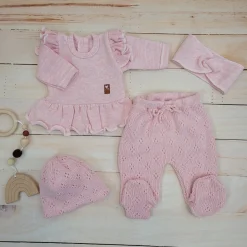 KAZUM 4cz włóczkowy komplet ażurkowy z falbanką 56-68 sweet pink