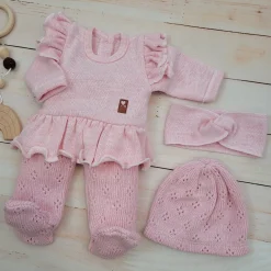 KAZUM 4cz włóczkowy komplet ażurkowy z falbanką 56-68 sweet pink