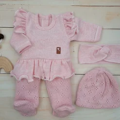 KAZUM 4cz włóczkowy komplet ażurkowy z falbanką 56-68 sweet pink