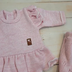 KAZUM 4cz włóczkowy komplet ażurkowy z falbanką 56-68 sweet pink