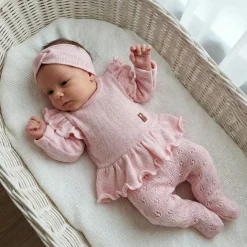 KAZUM 4cz włóczkowy komplet ażurkowy z falbanką 56-68 sweet pink