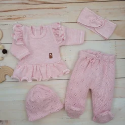 KAZUM 4cz włóczkowy komplet ażurkowy z falbanką 56-68 sweet pink