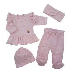 KAZUM 4cz włóczkowy komplet ażurkowy z falbanką 56-68 sweet pink
