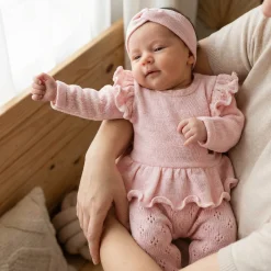 KAZUM 4cz włóczkowy komplet ażurkowy z falbanką 56-68 sweet pink