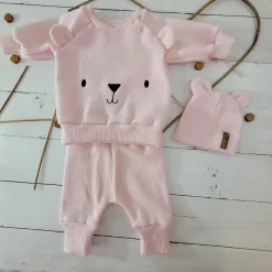 KAZUM Dres bluza oversize + spodnie + czapka z włóczki 56-86 baby rose