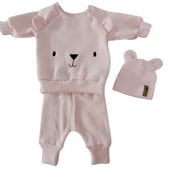 KAZUM Dres bluza oversize + spodnie + czapka z włóczki 56-86 baby rose
