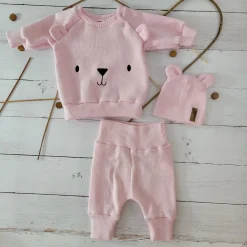 KAZUM Dres bluza oversize + spodnie + czapka z włóczki 56-86 baby rose