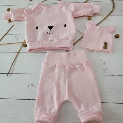KAZUM Dres bluza oversize + spodnie + czapka z włóczki 56-86 baby rose