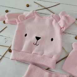 KAZUM Dres bluza oversize + spodnie + czapka z włóczki 56-86 baby rose