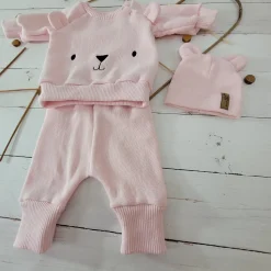 KAZUM Dres bluza oversize + spodnie + czapka z włóczki 56-86 baby rose