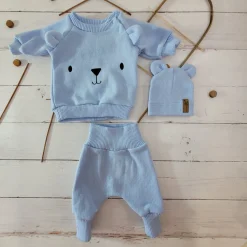 KAZUM Dres bluza oversize + spodnie + czapka z włóczki 56-86 baby blue