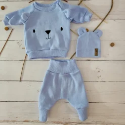 KAZUM Dres bluza oversize + spodnie + czapka z włóczki 56-86 baby blue