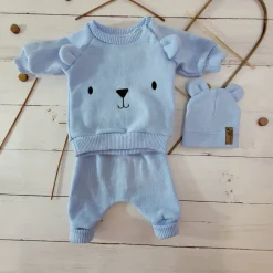 KAZUM Dres bluza oversize + spodnie + czapka z włóczki 56-86 baby blue