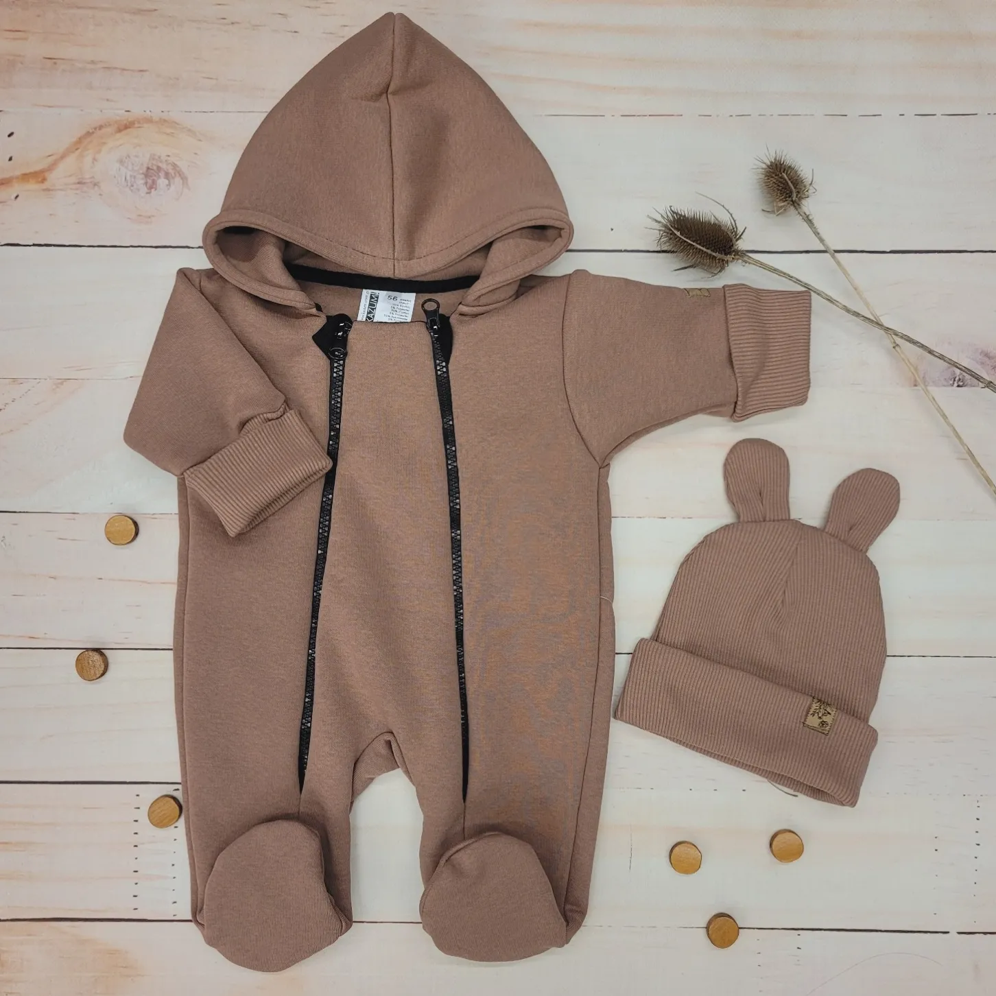 KAZUM Kombinezon na dwa zamki, z ocieplanej dresówki + czapka 56-86 brownie baby