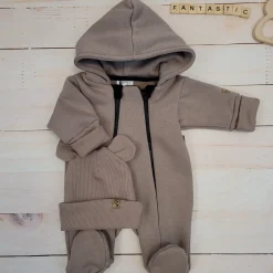 KAZUM Kombinezon na dwa zamki, z ocieplanej dresówki + czapka 56-86 choco brownie