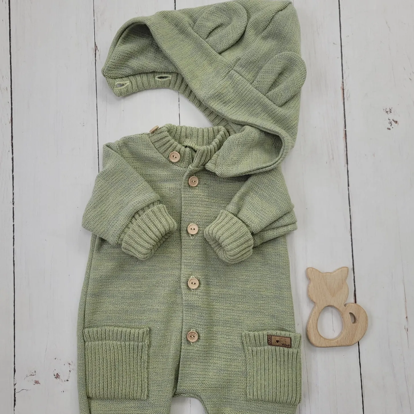 KAZUM Kombinezon włóczkowy wiosna jesień z odpinanym kapturem 56-86 olive green