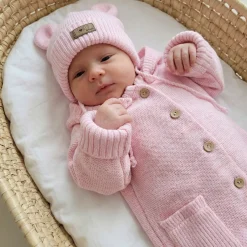 KAZUM Kombinezon włóczkowy wiosna jesień z odpinanym kapturem 56-86 pinky rose