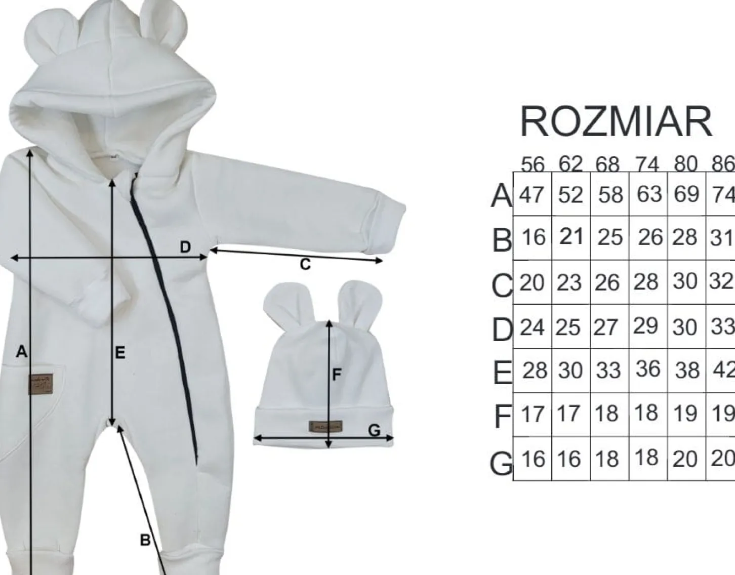 KAZUM Kombinezon z cienkiej ocieplanej dresówki bez stóp + czapka ivory 56-86