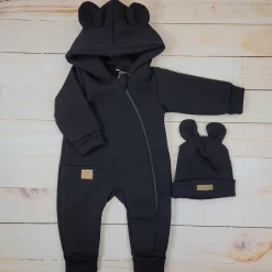 KAZUM Kombinezon z ocieplanej dresówki bez stóp + czapka black 56-86