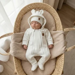 KAZUM Kombinezon z ocieplanej dresówki bez stóp + czapka + buciki 56-86 ivory