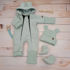 KAZUM Kombinezon z ocieplanej dresówki bez stóp + czapka + buciki 56-86 mint green