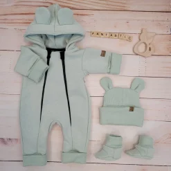 KAZUM Kombinezon z ocieplanej dresówki bez stóp + czapka + buciki 56-86 mint green