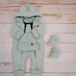 KAZUM Kombinezon z ocieplanej dresówki bez stóp + czapka + buciki 56-86 mint green