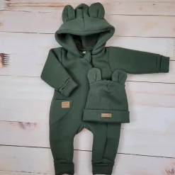 KAZUM Kombinezon z ocieplanej dresówki bez stóp + czapka khaki 56-86