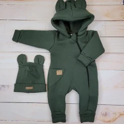 KAZUM Kombinezon z ocieplanej dresówki bez stóp + czapka khaki 56-86