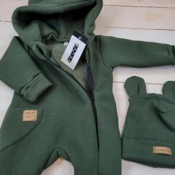 KAZUM Kombinezon z ocieplanej dresówki bez stóp + czapka khaki 56-86