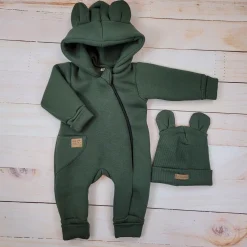 KAZUM Kombinezon z ocieplanej dresówki bez stóp + czapka khaki 56-86