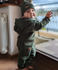 KAZUM Kombinezon z ocieplanej dresówki bez stóp + czapka khaki 56-86