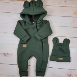 KAZUM Kombinezon z ocieplanej dresówki bez stóp + czapka khaki 56-86